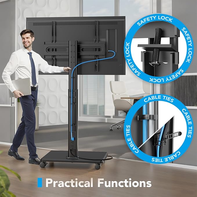 AX WABER Mobile TV Stand with Power Outlets, Floor Portable TV Stand with Wheels for 27-65Inch LCD LED OLED Flat/Curved Panel Screen TVs, Swivel,Height Adjustable&Wood Base, RollingTV Cart Black