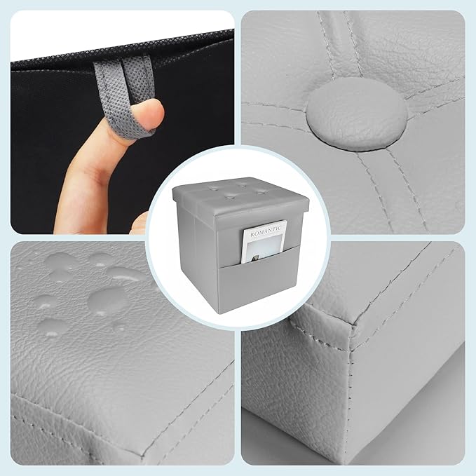 Bsketa Storage Ottoman Foot Rest Stool, Small Leather Storage Ottomans Bench, Folding Footstool with Side Pockets, Foot Rest Under Desk for Living Room Bedroom, 15x15x15 in, Grey