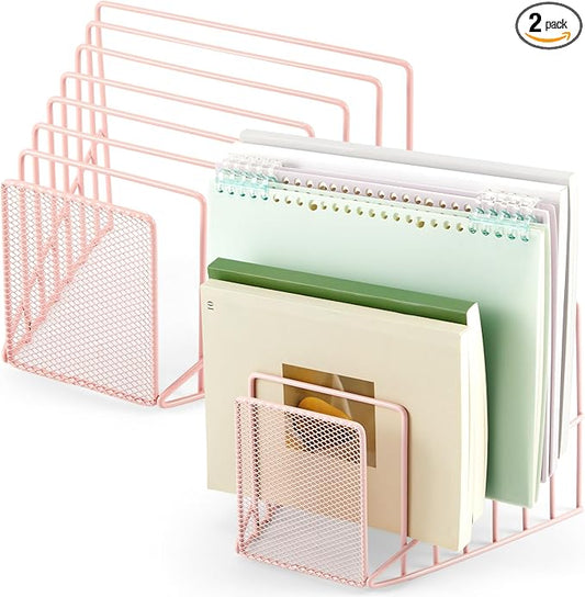 2 Pcs 7 Section Wire File Organizer for Desk, Metal Mesh Incline File Holder, Letter & Magazine Folder Rack, Desktop Paper Sorter for Home Office School (Pink)