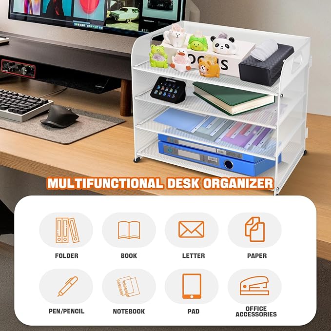 4-Tier Paper Letter Tray Organizer, Mesh Desk Accessories & Workspace Organizers with Handle, File Sorter Office Supplies for Desk,White
