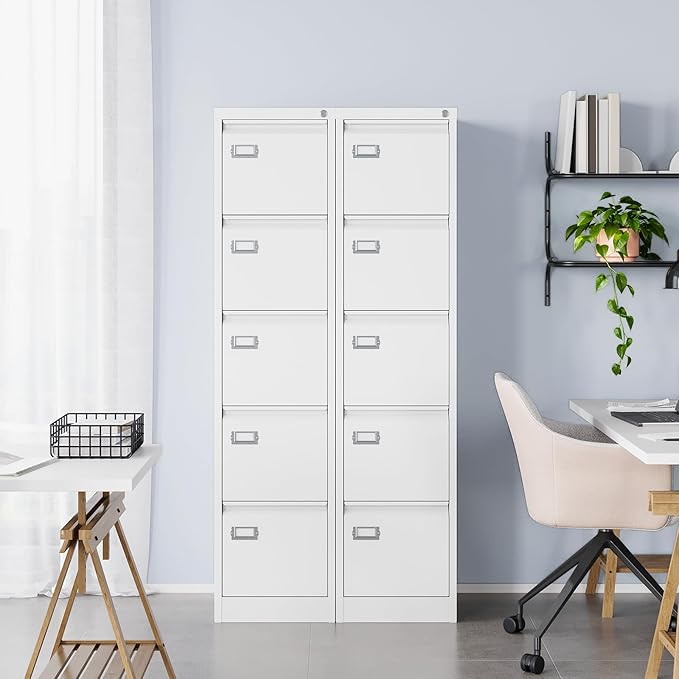 MIIIKO 5 Drawer File Cabinet with Lock, Metal Vertical Filing Cabinets for Home Office,File Folders Storage Cabinet for Letter Legal A4 File Size