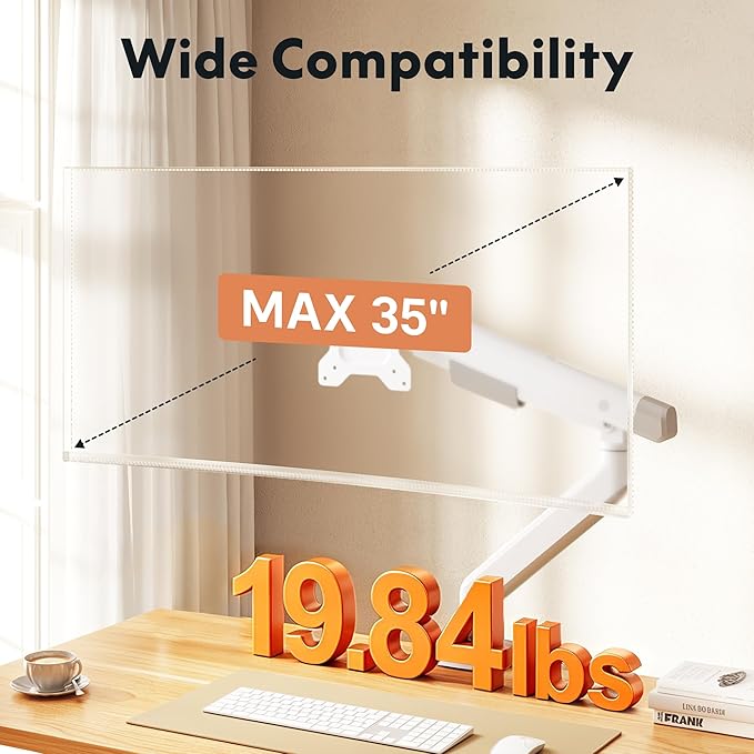 FlexiSpot Single Monitor Arm, Premium Aluminum Monitor Desk Mount Fits Screen up to 35 Inches 19.84 lbs, Fully Adjustable Monitor Stand with C-Clamp & Grommet Base for Home Office, White