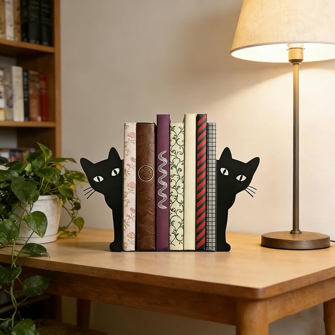 Peekaboo Cat Bookends, Cute Black Metal Decorative Book Ends for Shelves, Heavy Duty Rustproof Book Stoppers for Home Office Study Desk, for Cat Lovers Book Lovers