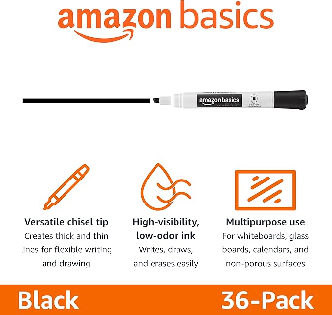 Amazon Basics Low-Odor Dry Erase Whiteboard Markers, Chisel Tip, Quick-Dry, Black, 36-Pack