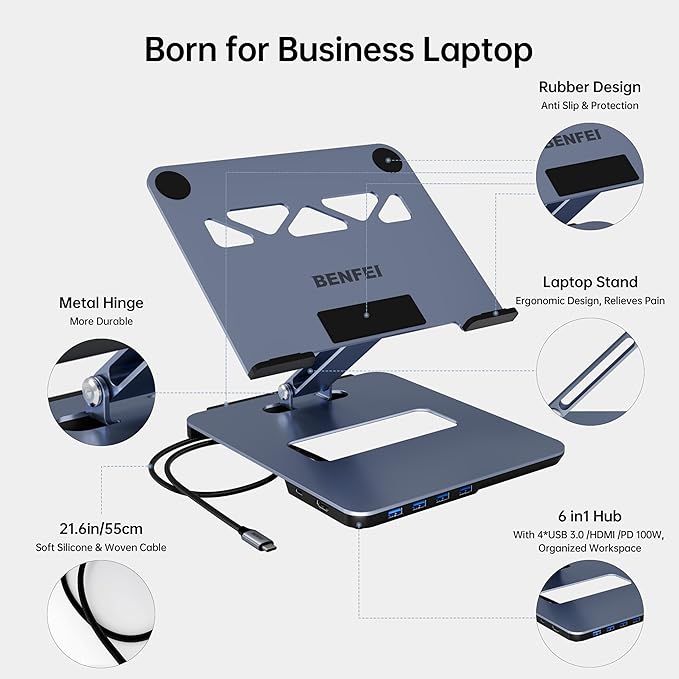 BENFEI Laptop Stand with USB C 6in1 Docking Station, HDMI 4K@60Hz, 4*USB3.0, 100W PD Compatible with MacBook Pro/Air, iPad Pro, XPS, Thinkpad