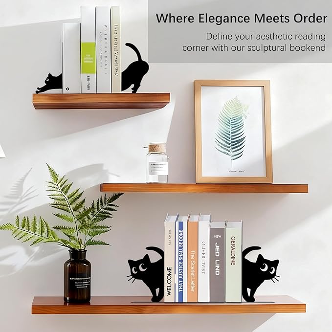 4 Pcs Cat Metal Bookends - Cute Cats Book Ends for Shelves Decorative, Home Office Desk Bookshelf Decor, Gift for Cat Lovers and Reading Enthusiasts, Christmas Reading Gifts for Women