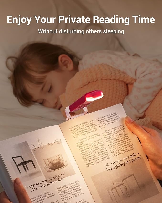 DEWENWILS Book Reading Light, USB Rechargeable Booklight for Reading in Bed, LED Clip On Book Lights for Kids, Bookworms, Blue Light Blocking, 4 Brightness Adjustable for Eye Care (Pink)