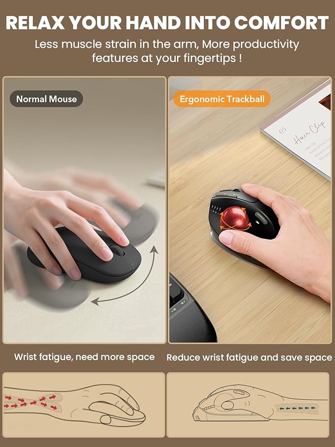 MAM1 Pro Wireless Trackball Mouse, Ergonomic Bluetooth Rechargeable Computer Mouse, Backlit Rollerball Thumb mice with 5 Level DPI, Adjustable Angle, 3 Devices Connection for PC, Windows - Red Ball
