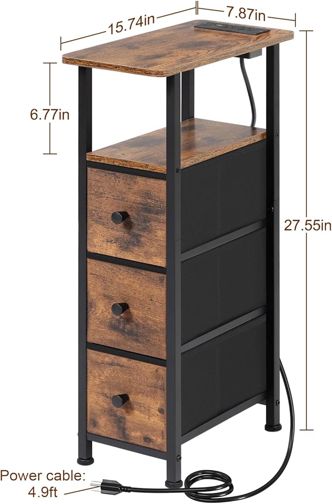 LOAKEKEL Narrow End Table Living Room with Charging Station, Skinny Side Table with Fabric Drawers, Slim LED Nightstand for Bedroom, Small Spaces, Couch, Brown, HETNDP03LBR-1