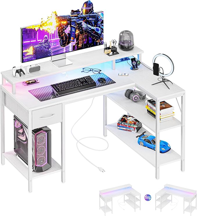 DUMOS 47” Gaming Desk with USB Charging Ports & LED Lights, Reversible L Shaped Desks Computer Corner Gamer Table with Power Outlets Monitor Stand Storage Shelves for Home Office Small Space, White