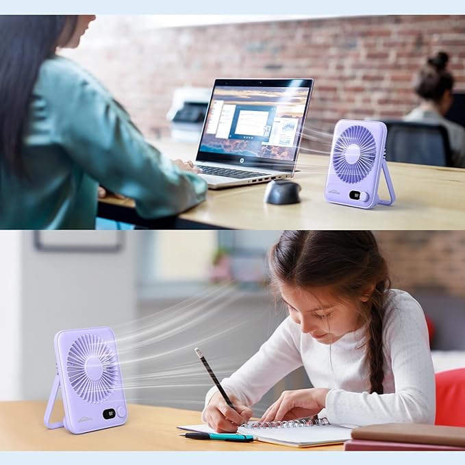 WHATOOK Desk Fan 2 Pack: 100 Speeds Stepless Control 2000mAh Battery Operated Portable Fan, Rechargeable Table Fan for Cruise Ship Essentials, Gift for Couples, Dorm, Office, Bedroom(Black and Purple)