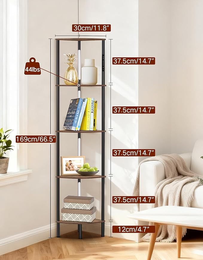 5-Tier Corner Bookshelf with LED Lights, Touch & Remote Control, 3 Color Temperatures, Dimmable Narrow Display Shelf for Living Room, Bedroom, Office(Rustic Brown)
