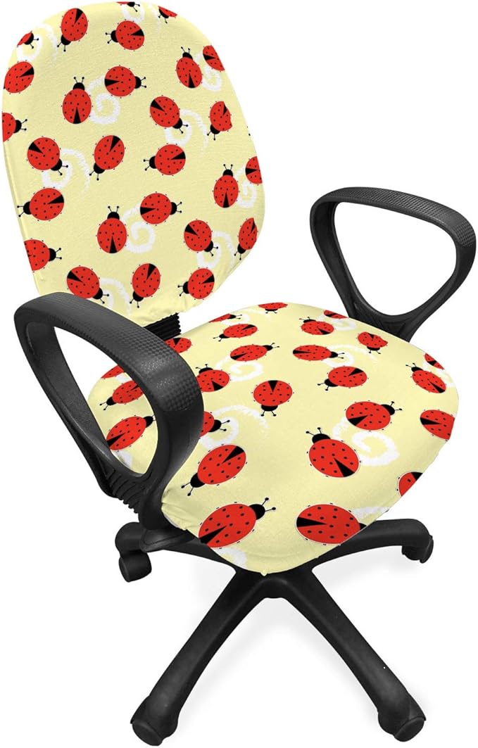 Ambesonne Ladybug Office Chair Slipcover, Childish Graphic Ladybugs Pattern on a Background with Swirls, Protective Stretch Decorative Fabric Cover, Pale Yellow Vermilion