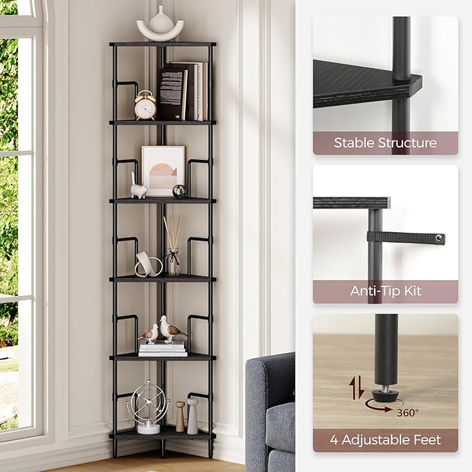 MAHANCRIS 65" Corner Shelf, 6-Tier Industrial Corner Bookshelf with Metal Frame, Small Plant Stand, Display Shelf for Living Room, Bedroom, Home Office, Small Spaces, Black CSBK6601
