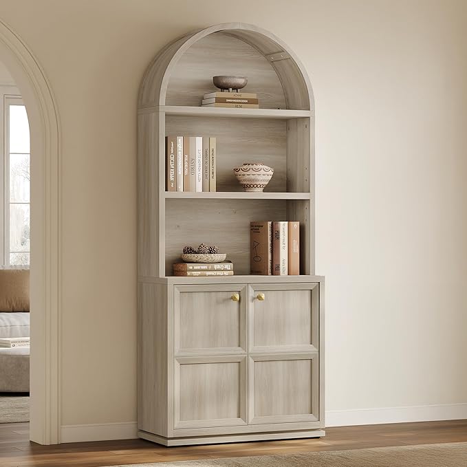 SICOTAS 81" Arched Bookcase, Large Book Shelf with Storage, Modern 5-Tier Arched Cabinet with Adjustable Shelves & Cable Management for Home Office Library Living Room Kitchen, Grey White Oak, 3 PCS