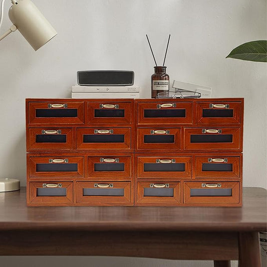 4PCs 16 Drawer Wooden Desk Top Organizer Cabinet, Desktop Drawer Storage Box, Vintage Wooden Storage Box, Tabletop Multi Storage Organizer, Use for Home & Office (Brown)