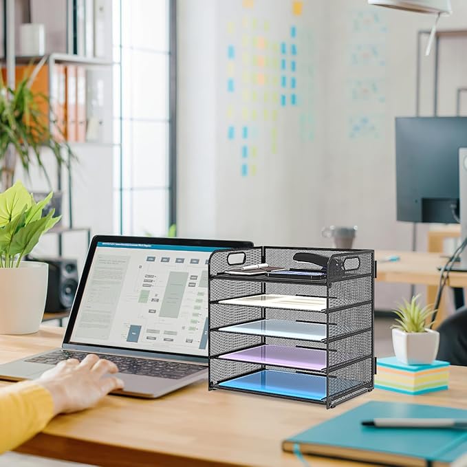 Cabilock 5 Tier Paper Organizer Letter Tray - Mesh Desk File Organizer with Handle Paper Sorter Holder for Letter/A4 Office File Folder