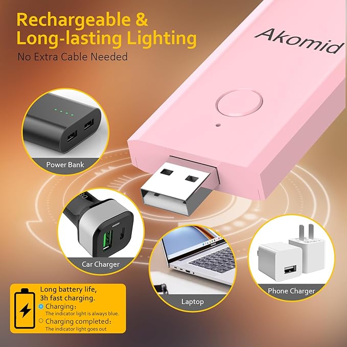 Akomid USB Rechargeable Book Light for Reading in Bed, 8 LEDs Bookmark Style Clip on, Eye-Cared Amber Light Mode for Kids, Blue Light Blocking, Stepless Dimming, Pink