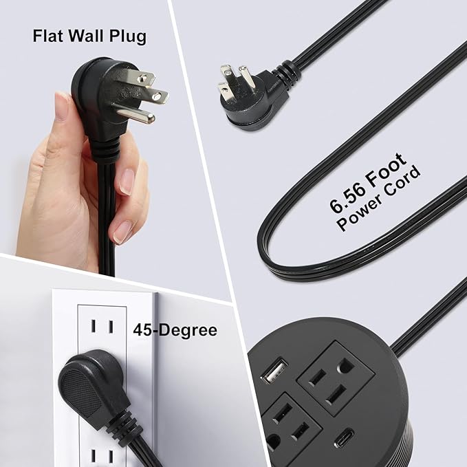 Desk Power Grommet USB C Total 30W, 3.15 Inch PD Fast Charge Desktop Power Strip 2 Outlets 2 USB Ports Recessed Flat Plug Extension Cord Mount into Countertop Shelf Cabinet End Table. (Black)