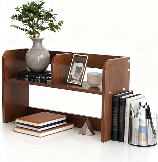 Desktop Bookshelf,Wood Desk Organizer Shelf with 2-Tier Display Rack for Computer Table,Multipurpose Countertop Storage Hutch for Home Office Dorm,Walnut