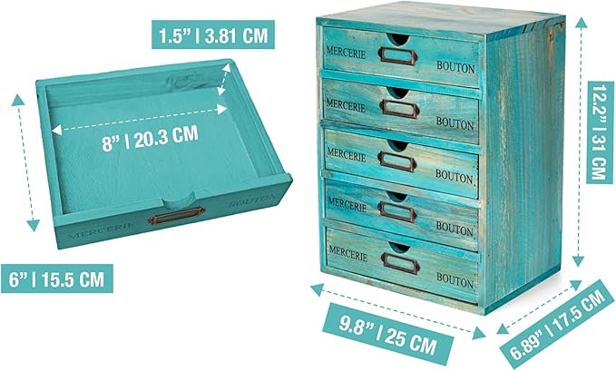 Turquoise 5-Tier Drawer Desktop Curio Cabinet - French Farmhouse Country Desk Organizer Box - Wooden Stackable Shelves - Teal Countertop Shelf w/Label Holder - 5-Level File Drawer Unit