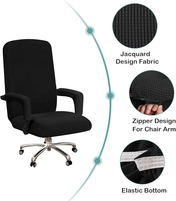Turquoize Stretchable Chair Cover for Computer Chair, Large Office Chair Cover with Armrest Covers, Jacquard Boss Chair Cover, High Back, Washable, Large, Black