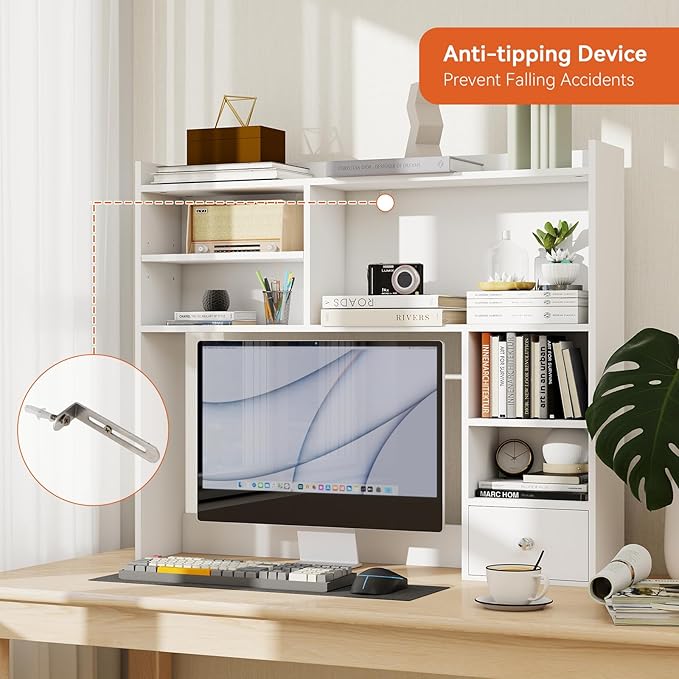ELECWISH Desktop Bookshelf, Desk Hutch with Drawer for Computer Desk, 35.04" 6-Tier Adjustable Desktop Shelf Organizer for Home Office, White