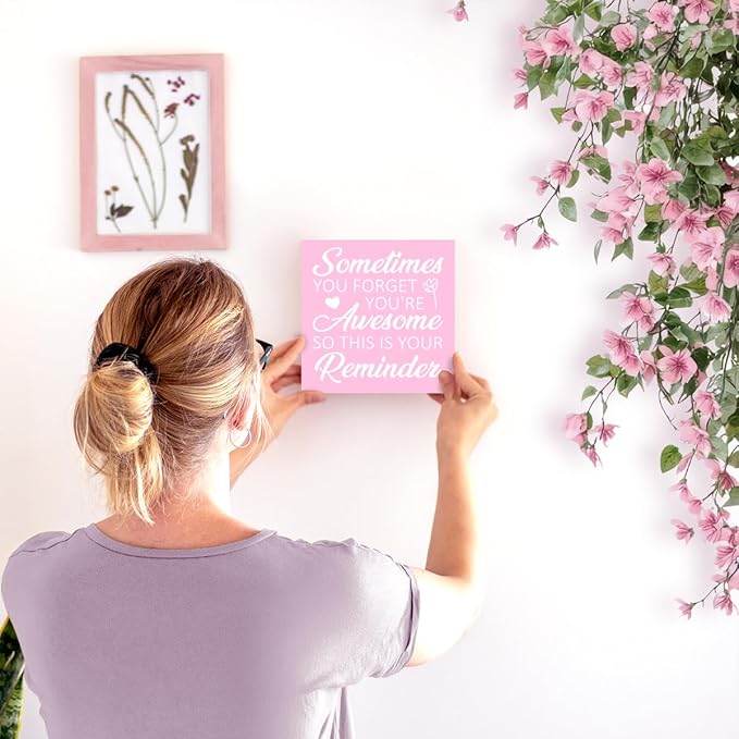 LVQHI Positive Affirmation Wooden Block Sign, You're Awesome Reminder Sign For Women, Pink Inspirational Desk Art, Motivational Wooden Plaque 5"L x 5"W x 1.2"H