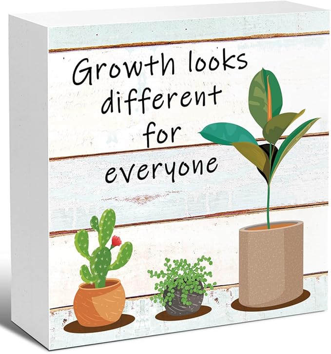 LVQHI Inspirational Wood Block Sign,Growth Looks Different for Everyone Plant Motivational Wooden Block Sign for Home Bedroom Office Desk Table Decor,Inspirational Cheer Up Gift for Coworker Wood