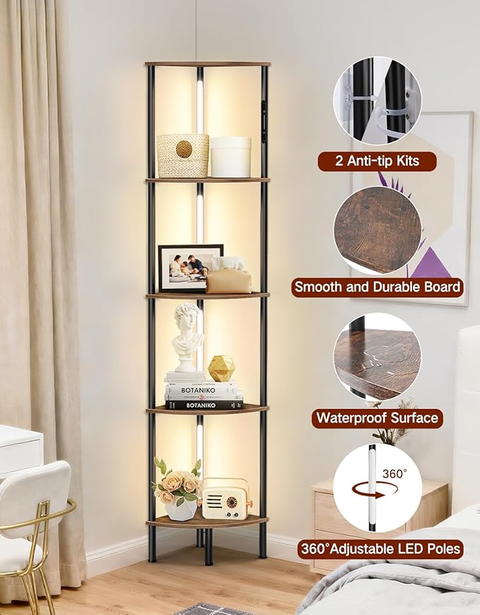 5-Tier Corner Bookshelf with LED Lights, Touch & Remote Control, 3 Color Temperatures, Dimmable Narrow Display Shelf for Living Room, Bedroom, Office(Rustic Brown)
