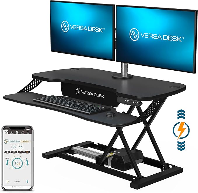VERSADESK® PowerPro™ Elite 36” - Electric Adjustable Desk Converter with Programmable Controller and USB Hub. Mobile App Controllable. Removable Keyboard Tray - Powerful Riser Lifts 80 lbs – Black