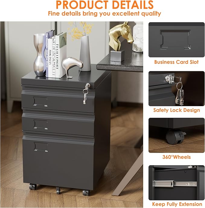 METAN Metal 3 Drawer Mobile File Cabinet with Lock, Under Desk Metal Filing Cabinet for Legal/Letter File, Need Assembley, Black