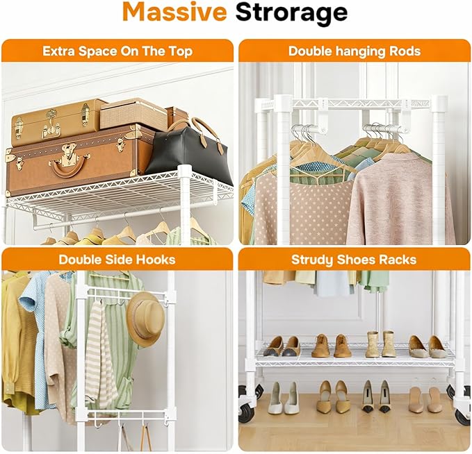 Simple Deluxe Rolling Clothes Rack, Heavy Duty Clothing Rack, 3-Shelf Portable Adjustable Wardrobe Closet with Wheels, Hanging Rods & Side Hooks, 43.3" W x 17.7" D x 80.3" H, White