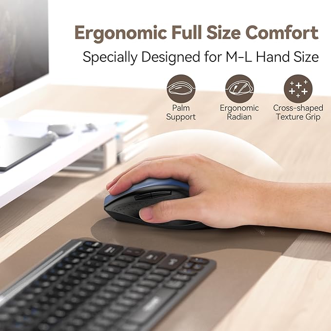 TECKNET Rechargeable Mouse with Jiggler, Plug & Play, 2.4G Connection with USB-C Adapter, Silent Mouse Quiet Click, 6400 DPI Ergonomic Mouse, Cordless Computer Mice for Laptop, Desktop, PC