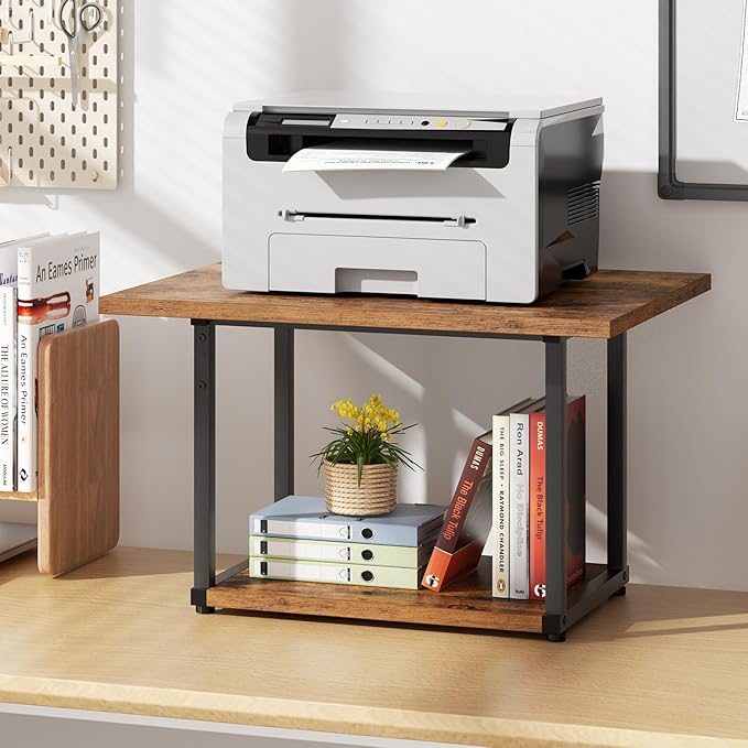 Asgolion Printer Table, 2-Tier Under Desk Printer Stand, Printer Stand with Wheels, Printer Shelf for Small Spaces, Printer Cart for Home Office Rustic Brown