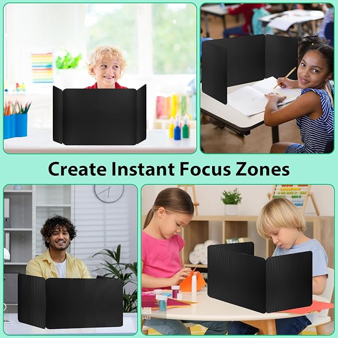 6 Pack Black Desk Dividers with Labels for Students, ROOKEA Waterproof Plastic Study Carrel Dividers, Privacy Classroom Shield Folder Boards Desk for Classroom Teacher Supplies Test Divider
