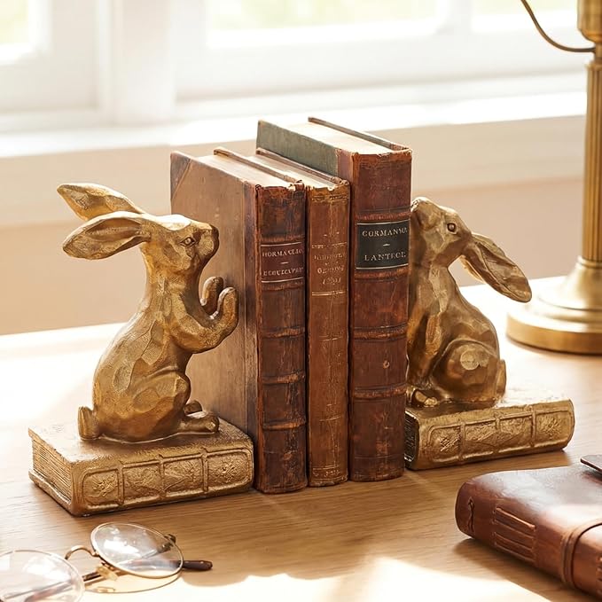 Tatuo 2 Pcs Decorative Rabbit Bookends for Shelves, Bunny Gift Book Ends for Heavy Books Animal Stopper Retriever Statues Bookends with Anti-Slip Base for Book Lover Home Bookshelf, Bronze