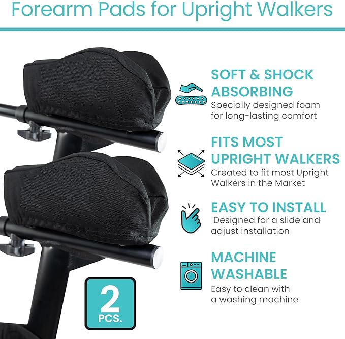 Vive Upright Walker Forearm Pads For Seniors (2 Pcs) - Foam Lightweight Armrest Cover - Stand up, Tall Upwalker Accessories - Soft, Comfortable Rest For Arms, Machine Washable - Nonslip Bottom (Black)