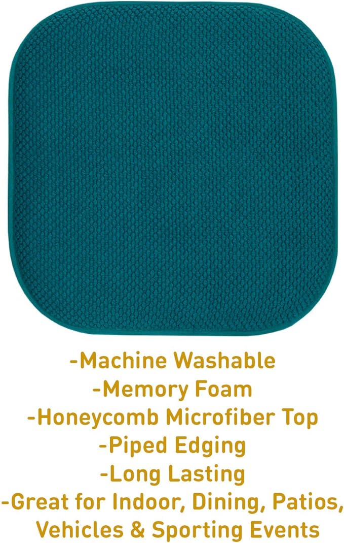 Sweet Home Collection Chair Cushion Memory Foam Pads Honeycomb Pattern Slip Non Skid Rubber Back Rounded Square 16" x 16" Seat Cover, 4 Pack, Peacock Blue
