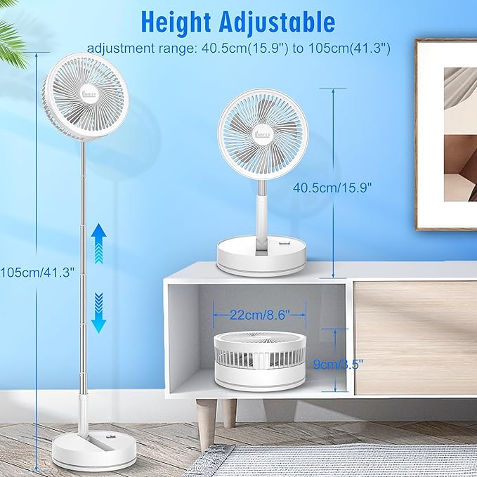 LIPETY Portable Foldable Rechargeable Oscillating Fan Battery Operated Table Desk Fan Folding Standing Pedestal Fans for Bedroom Rome Office Camping Travel (white, 8.6 inch)