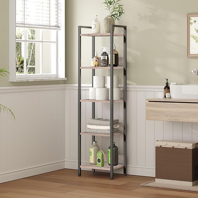 MAHANCRIS 5-Tier Bookshelf, Bookcase, Shelves Organizer for Small Spaces, Storage Shelf Organizer, for Living Room, Bedroom, Study, Balcony, Greige and Black BKHG5501