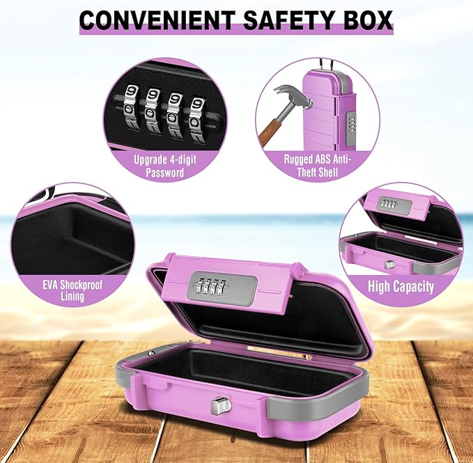 HUANLANG Portable Safe Lock Box with Combination Lock Mini Beach Travel Safe Waterproof Small Lockable Boxs with Removable Wire Rope Combination Lock Box for Dorm,Travel,Beach,Hotel,Car,Home,Office