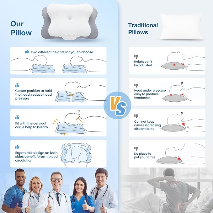 Cervical Pillow for Neck Pain Relief, Cooling Contour Memory Foam Pillows Support Odorless Ergonomic Neck Pillow Adjustable Orthopedic Bed Pillow for Side Back Stomach Sleeper with Pillowcase