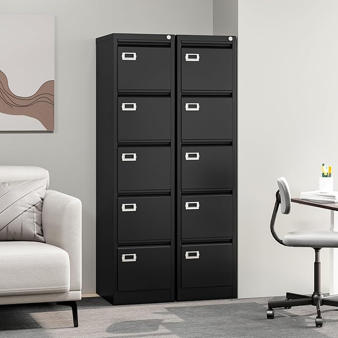 PEUKC 5-Drawer File Cabinet, 16.3" Deep Vertical Metal Filing Cabinet with Lock for Home Office, Anti-Tip 5 Storage Drawers for Letter/Legal/A4/F4 Size (Assemble Required, Black)