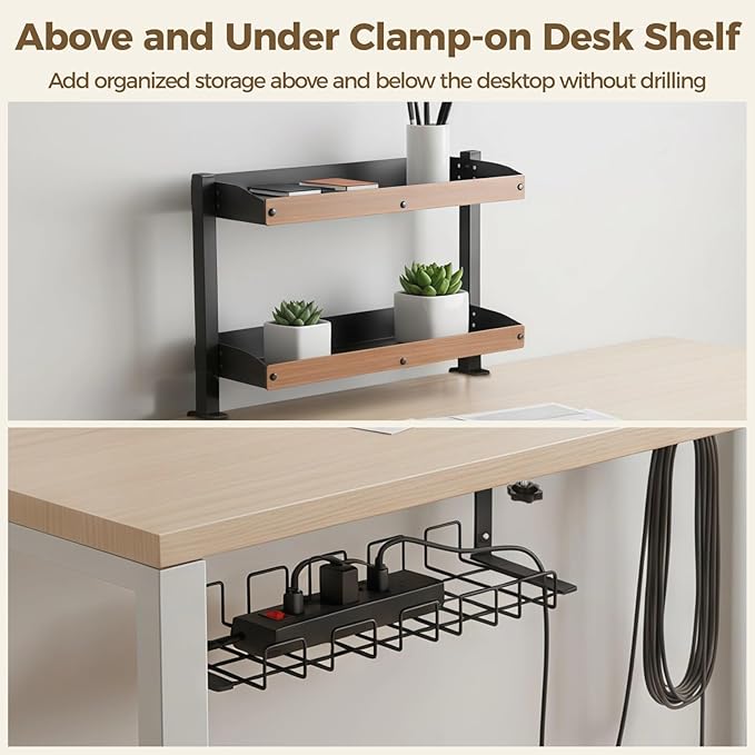 Clamp-On 3-Tier Desk Shelf, Metal Rack with Wood Grain Shelves, Adjustable Above & Under Desk Storage, Extension Socket Holder, for Home Office Or Gaming