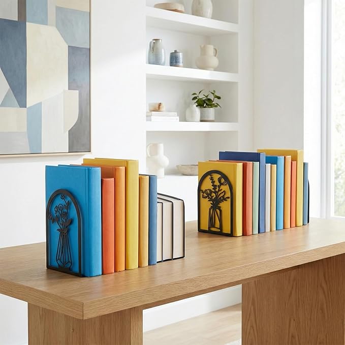 5 Pair Metal Bookends, Modern Decorative Book Ends for Shelves Non-Slip Black Book Stopper for Heavy Books Flower Shelf Holder for Home Office