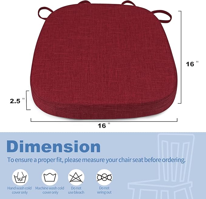 BUYUE Thickened 2.5" Dining Chair Cushions Set of 6, U-Shape High Density Foam Comfortable Chair Pads for Kitchen, Slip Resistant Indoor Seat Cushions (6 PCS, Red)