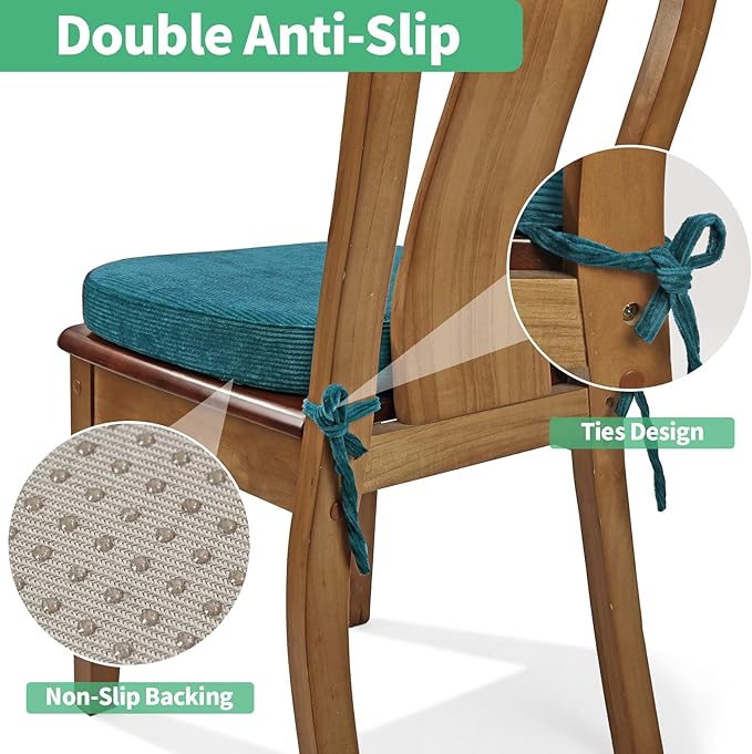 2.5" Thick Chair Cushions for Dining Chair, Corduroy Foam Kitchen Chair Pads, U Shaped Indoor Seat Cushions with Ties & Non-Slip Backing, Removable Washable Cover, 17''x16.5'', Set of 4, Blue