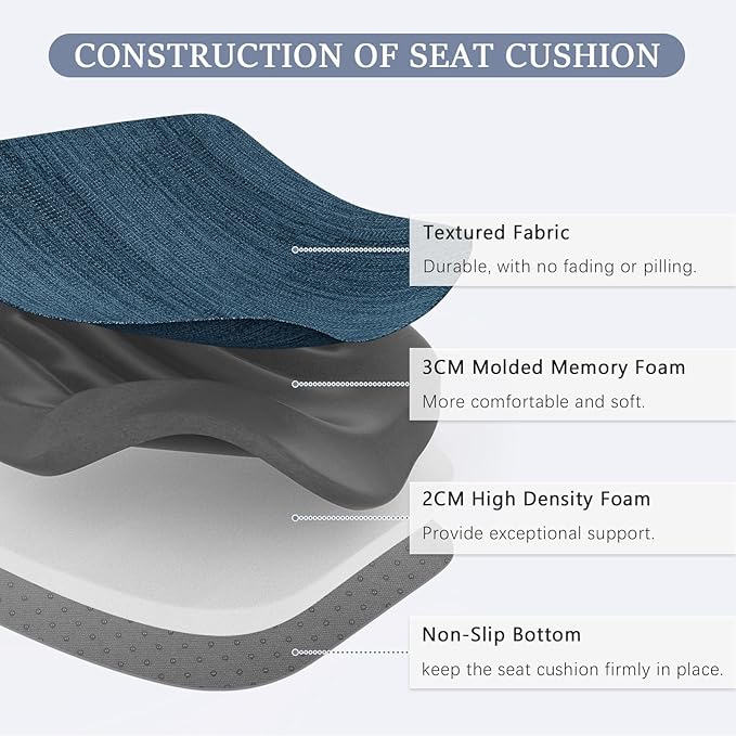baibu Kitchen Chair Cushions, Dual-Layer Patented Design Molded Memory Foam Dining Chair Pads with Ties and Washable Cover, 17" x 16" x 2", Blue