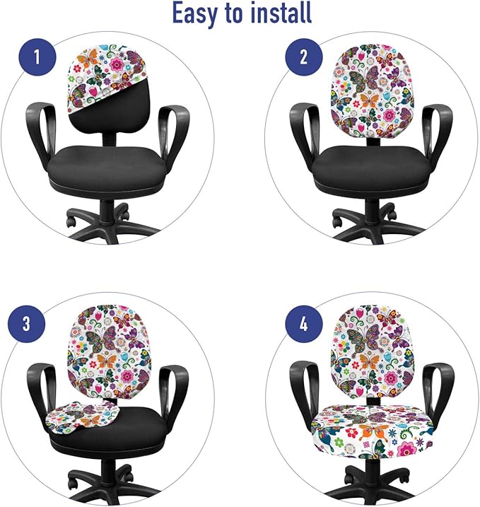 Ambesonne Butterfly Office Chair Slipcover, Sixties and Seventies Inspired Complex Image with Floral Elements and Butterflies, Protective Stretch Decorative Fabric Cover, Standard Size, White Pink